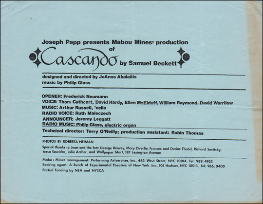Joseph Papp Presents Mabou Mines' Production of Cascando by Samuel Beckett