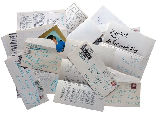 Set of Six Envelopes and Their Contents Plus One Loose Leave Page Sent from Ray Johnson to Ronnie Cohen