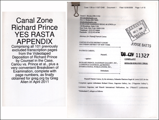 Canal Zone Richard Prince YES RASTA Appendix / Complaint and Demand for Jury Trial Documents