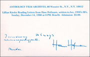 Announcement for Lillian Kiesler Reading Letters from Hans Hoffmann, Written to Her, 1930's-50's