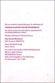 Invitation to Norman Mailer's Ticketed Fiftieth Birthday Party to Benefit The Fifth Estate